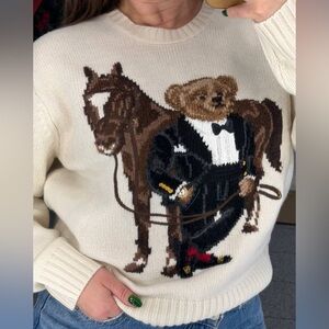 Polo Ralph Lauren Cream Sweater with Bear and Horse Motif